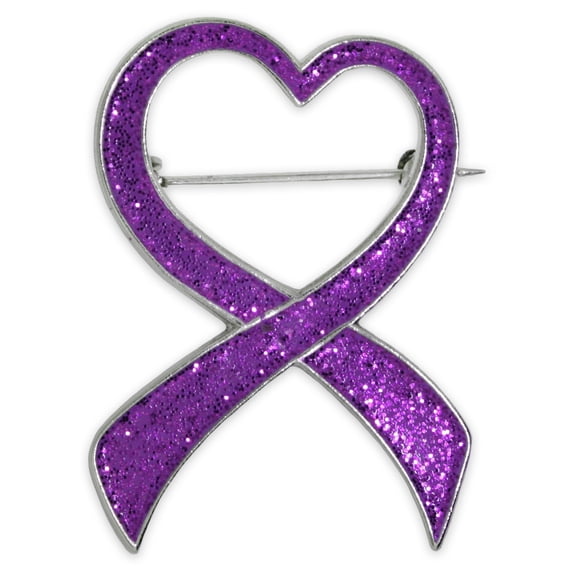PinMart's Purple Glitter Heart Domestic Violence Awareness Ribbon Brooch