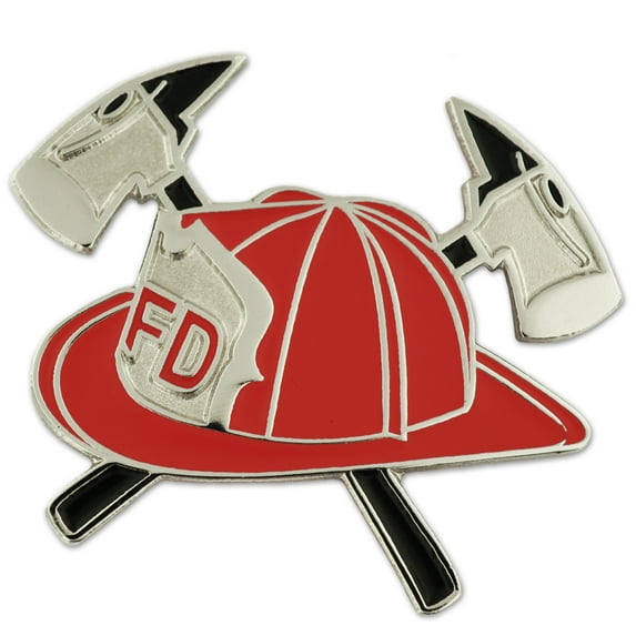 PinMart's Red Fireman Hat with Axes Fire Department Enamel Lapel Pin