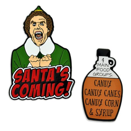 PinMart's Santa's Coming with Christmas Candy and Syrup 2-Piece Metal Button Pin Set