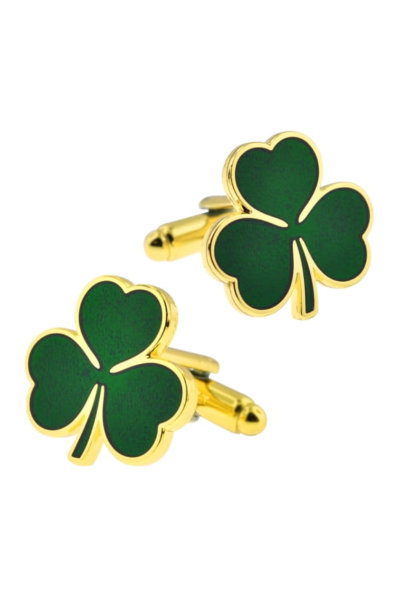 's St. Patrick's Day Irish Green Shamrock Clover Cufflink Set - Premium Gold Jeweler's Metal and Traditional Irish Green Enamel