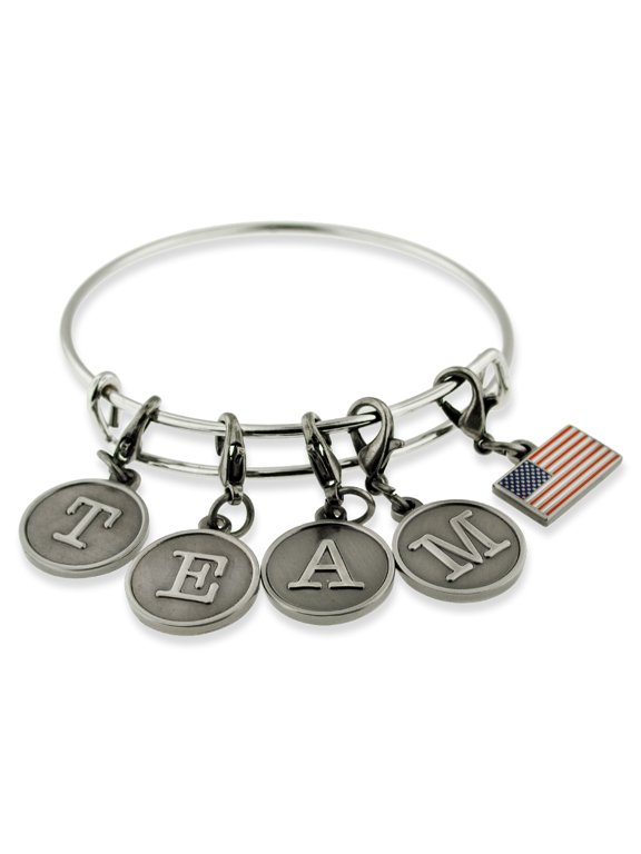's TEAM American Flag Charm Silver Bangle Bracelet Bundle Gift Set