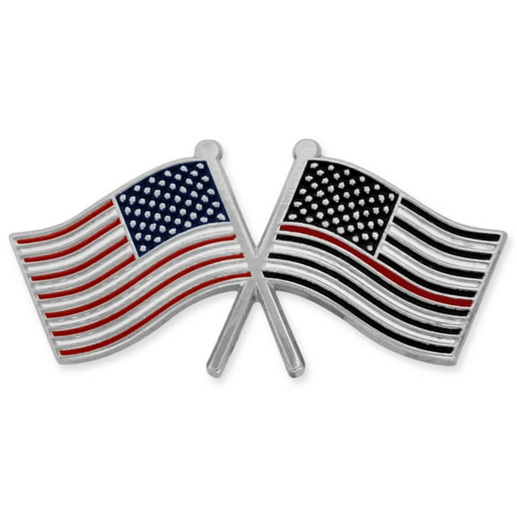 PinMart's USA/Fire Dept. Awareness Crossed Flag Red Stripe Enamel Lapel Pin