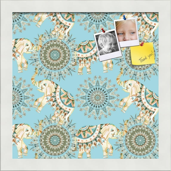 PinPix 12x12 Custom Cork Bulletin Board Bohemian Elephants Lt Blue Poster Board Has a Fabric Style Canvas Finish, Framed in Bohemian Elephants Lt Blue, by ArtToFrames (PinPix-1578)