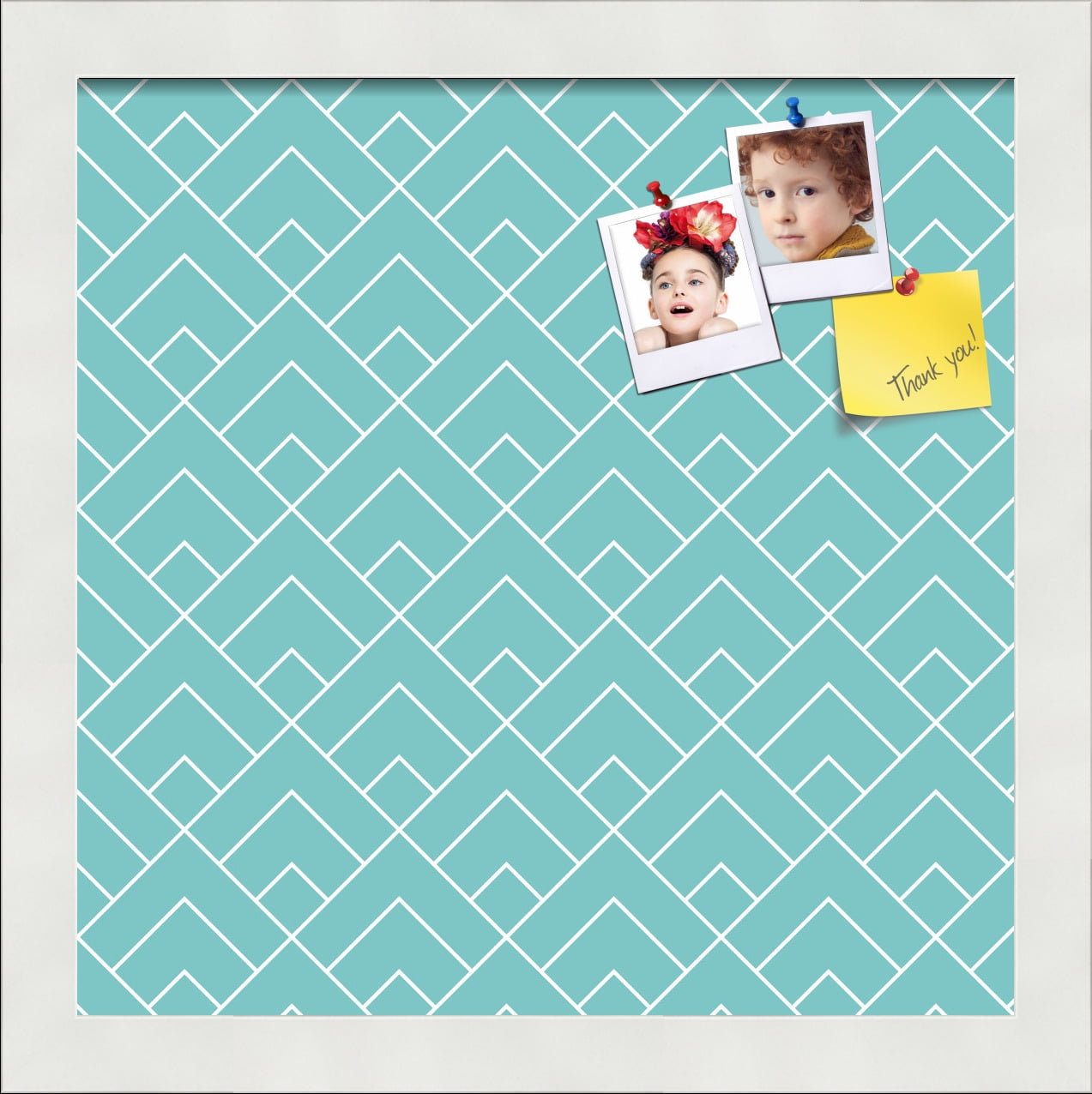 PinPix 12x12 Custom Cork Bulletin Board Peaks Modern Pattern Aqua Poster Board Has a Fabric Style Canvas Finish, Framed in Peaks Modern Pattern Aqua, by ArtToFrames (PinPix-1790)