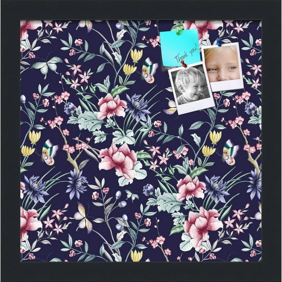 PinPix 12x12 Custom Cork Bulletin Board Vintage Japanese Floral Navy Poster Board Has a Fabric Style Canvas Finish, Framed in Vintage Japanese Floral Navy, by ArtToFrames (PinPix-1542)
