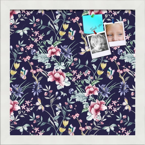 PinPix 13x13 Custom Cork Bulletin Board Vintage Japanese Floral Navy Poster Board Has a Fabric Style Canvas Finish, Framed in Vintage Japanese Floral Navy, by ArtToFrames (PinPix-1542)