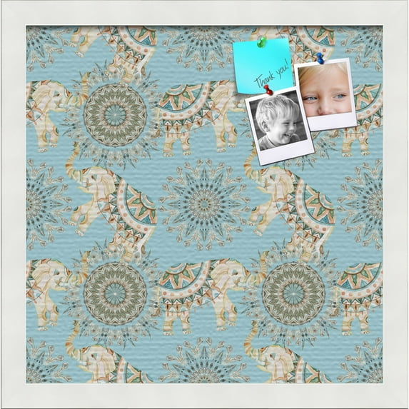 PinPix 14x14 Custom Cork Bulletin Board Bohemian Elephants Lt Blue Poster Board Has a Fabric Style Canvas Finish, Framed in Bohemian Elephants Lt Blue, by ArtToFrames (PinPix-1578)