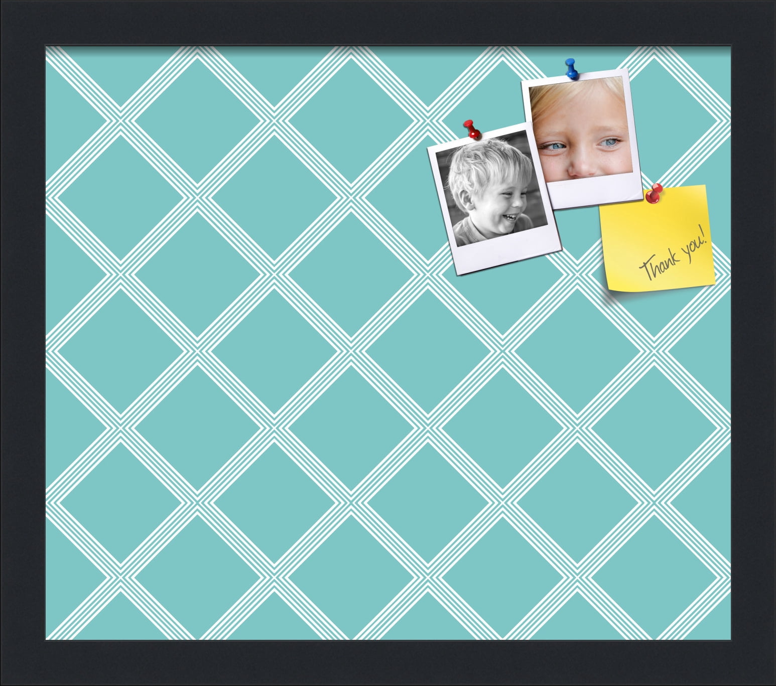 PinPix 15x13 Custom Cork Bulletin Board Diamond Modern Pattern Aqua White Poster Board Has a Fabric Style Canvas Finish, Framed in Diamond Modern Pattern Aqua White, by ArtToFrames (PinPix-1799)