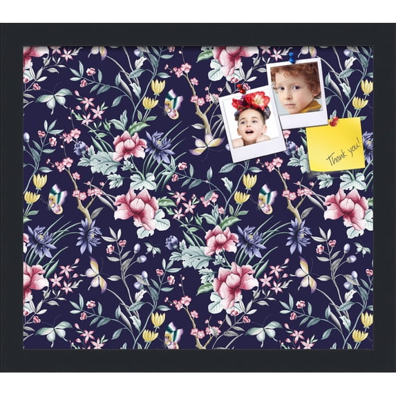 PinPix 15x13 Custom Cork Bulletin Board Vintage Japanese Floral Navy Poster Board Has a Fabric Style Canvas Finish, Framed in Vintage Japanese Floral Navy, by ArtToFrames (PinPix-1542)