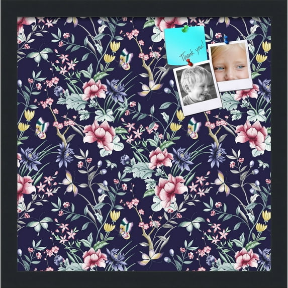 PinPix 15x15 Custom Cork Bulletin Board Vintage Japanese Floral Navy Poster Board Has a Fabric Style Canvas Finish, Framed in Vintage Japanese Floral Navy, by ArtToFrames (PinPix-1542)