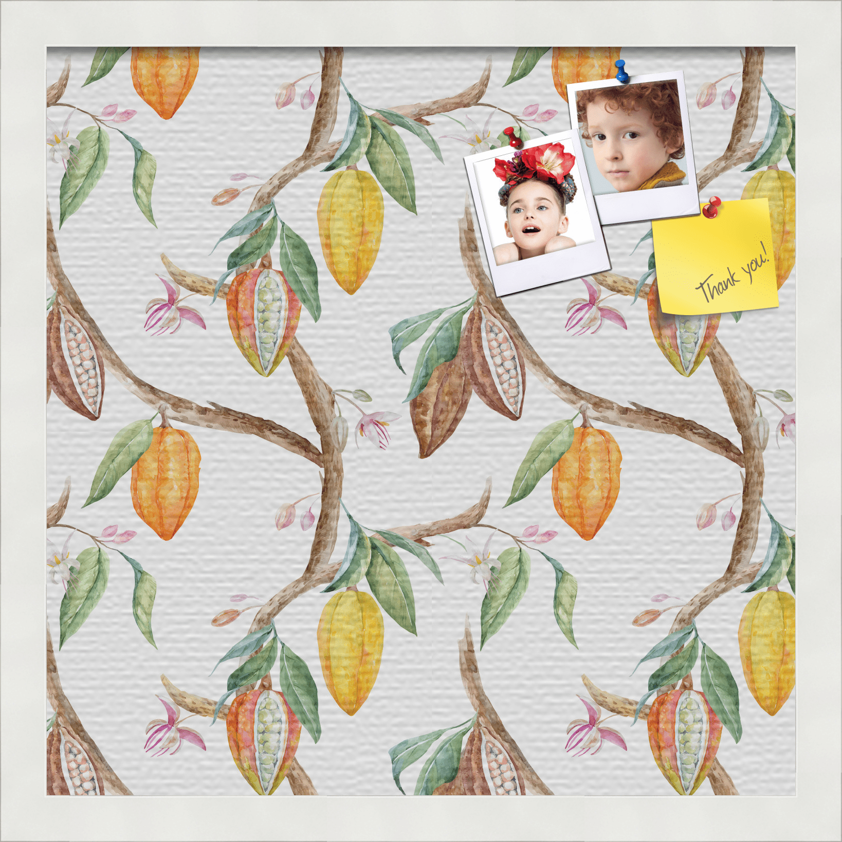 PinPix 16x16 Custom Cork Bulletin Board Fruit on Vine White Poster Board Has a Fabric Style Canvas Finish, Framed in Fruit on Vine White, by ArtToFrames (PinPix-1895)