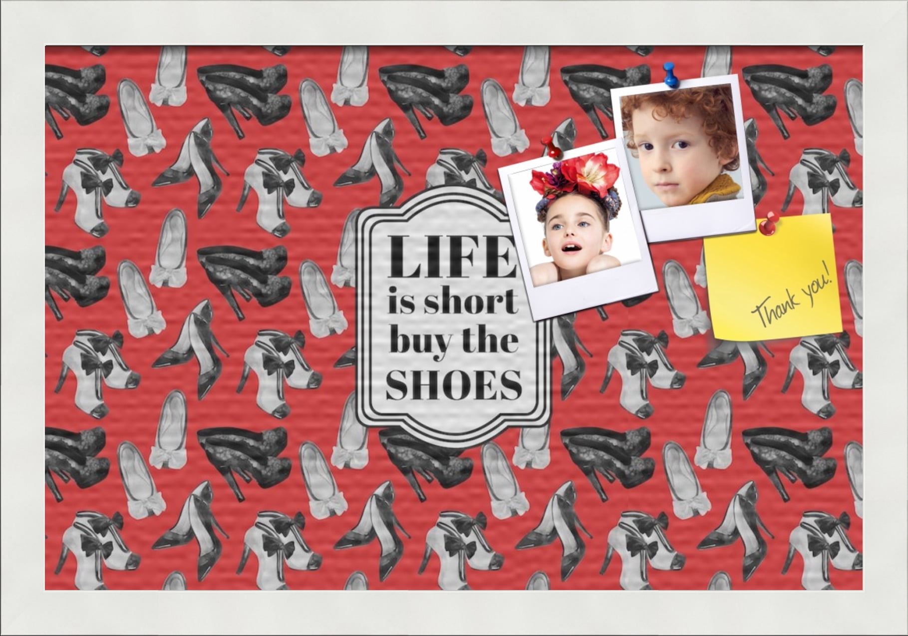 PinPix 18x12 Custom Cork Bulletin Board Buy The Shoes Poster Board Has a Fabric Style Canvas Finish, Framed in Buy The Shoes, by ArtToFrames (PinPix-1492)