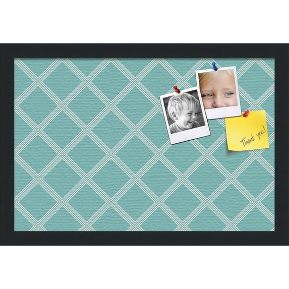 PinPix 18x12 Custom Cork Bulletin Board Diamond Modern Pattern Aqua White Poster Board Has a Fabric Style Canvas Finish, Framed in Diamond Modern Pattern Aqua White, by ArtToFrames (PinPix-1799)