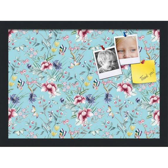 PinPix 18x13 Custom Cork Bulletin Board Vintage Japanese Floral Aqua Poster Board Has a Fabric Style Canvas Finish, Framed in Vintage Japanese Floral Aqua, by ArtToFrames (PinPix-1546)