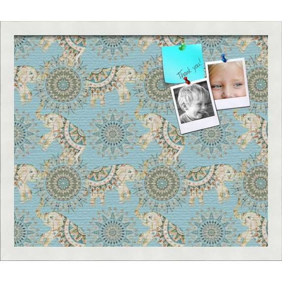 PinPix 18x15 Custom Cork Bulletin Board Bohemian Elephants Lt Blue Poster Board Has a Fabric Style Canvas Finish, Framed in Bohemian Elephants Lt Blue, by ArtToFrames (PinPix-1578)