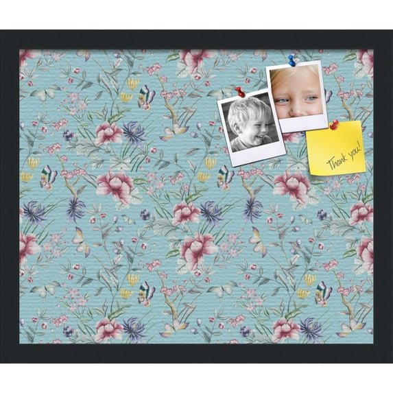 PinPix 18x15 Custom Cork Bulletin Board Vintage Japanese Floral Aqua Poster Board Has a Fabric Style Canvas Finish, Framed in Vintage Japanese Floral Aqua, by ArtToFrames (PinPix-1546)