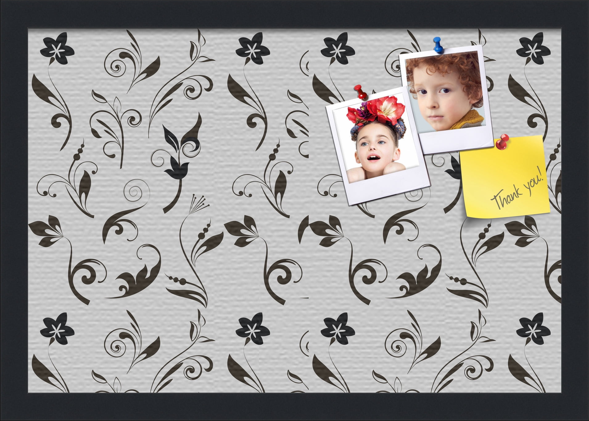 PinPix 19x13 Custom Cork Bulletin Board Floral Black Flower Poster Board Has a Fabric Style Canvas Finish, Framed in Floral Black Flower, by ArtToFrames (PinPix-123)
