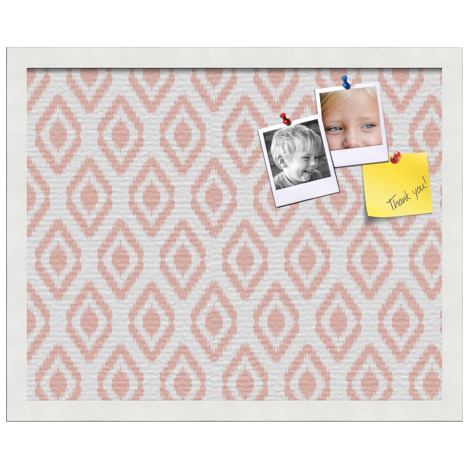 PinPix 20x16 Custom Cork Bulletin Board Ikat Grapefruit Poster Board Has a Fabric Style Canvas Finish, Framed in White, by ArtToFrames (PinPix-1632)