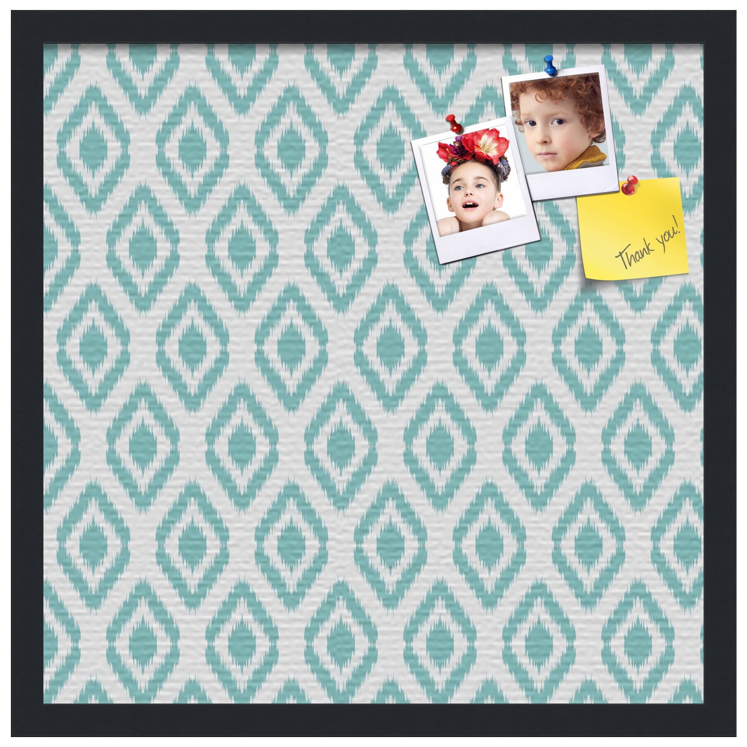 PinPix 20x20 Custom Cork Bulletin Board Ikat Aqua Poster Board Has a Fabric Style Canvas Finish, Framed in Black, by ArtToFrames (PinPix-1630)