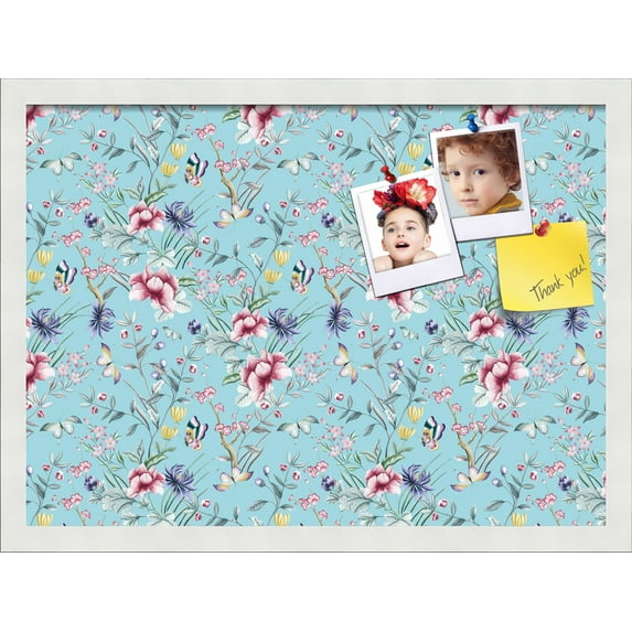 PinPix 22x16 Custom Cork Bulletin Board Vintage Japanese Floral Aqua Poster Board Has a Fabric Style Canvas Finish, Framed in Vintage Japanese Floral Aqua, by ArtToFrames (PinPix-1546)