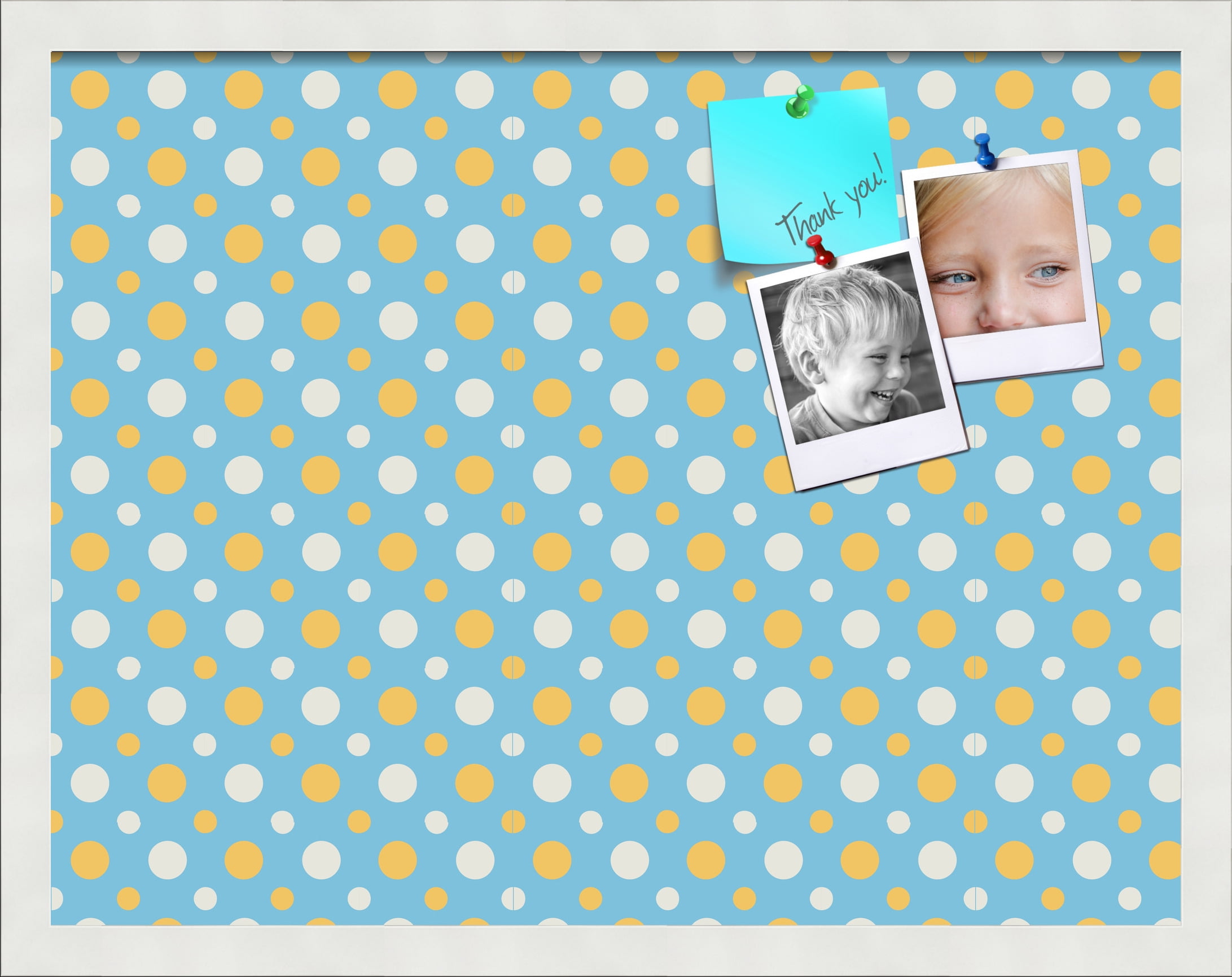 PinPix 22x17 Custom Cork Bulletin Board Blue - White Dots Poster Board Has a Fabric Style Canvas Finish, Framed in Blue - White Dots, by ArtToFrames (PinPix-345)