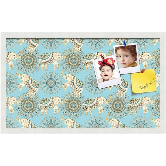 PinPix 24x14 Custom Cork Bulletin Board Bohemian Elephants Lt Blue Poster Board Has a Fabric Style Canvas Finish, Framed in Bohemian Elephants Lt Blue, by ArtToFrames (PinPix-1578)