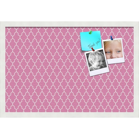 PinPix 24x16 Custom Cork Bulletin Board Quatrefoil Pink Poster Board with a Canvas Style Photo Board, Framed in Satin White Frame (PinPix-283)