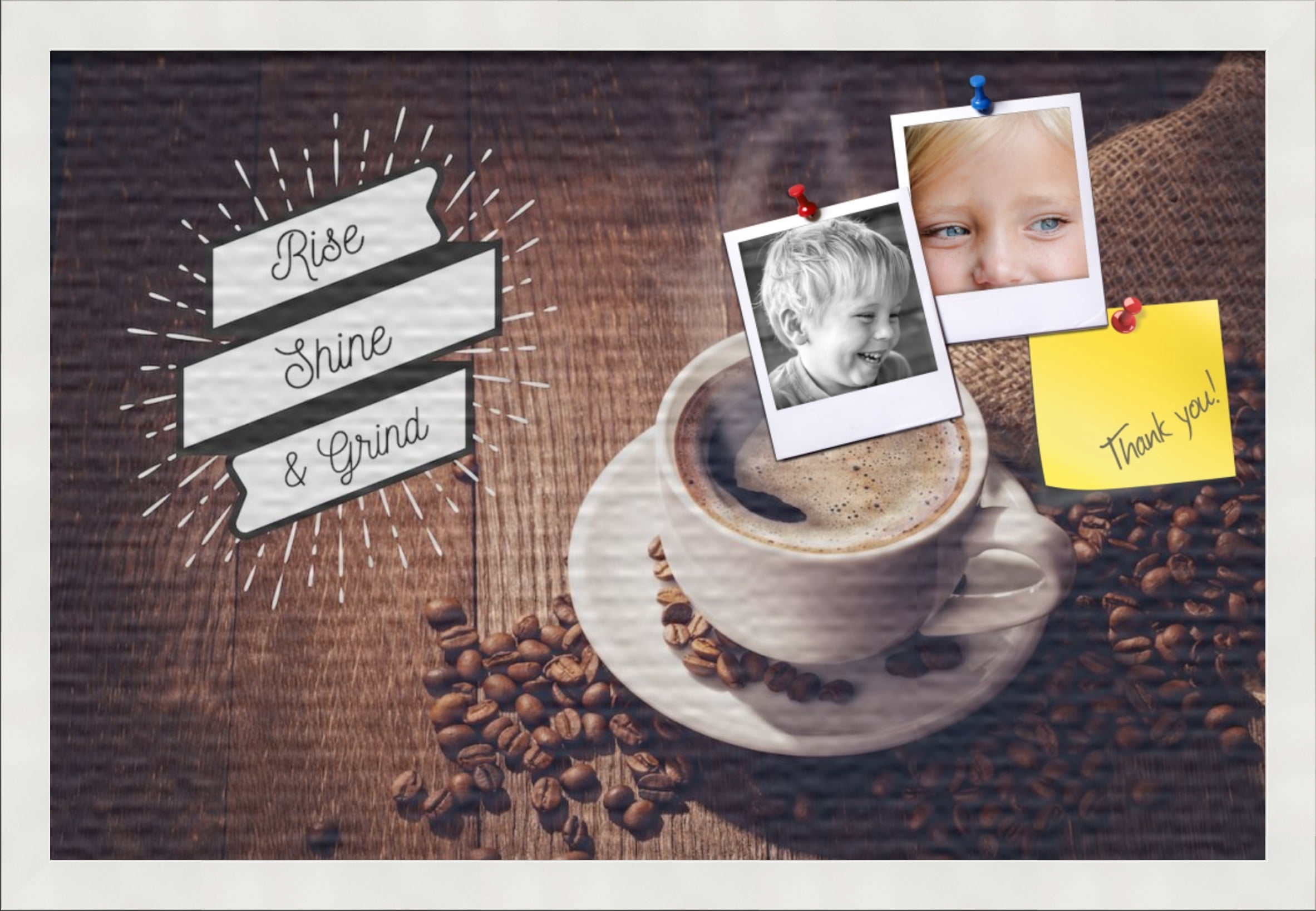 PinPix 24x16 Custom Cork Bulletin Board Rise Shine and Grind Poster Board Has a Fabric Style Canvas Finish, Framed in Rise Shine and Grind, by ArtToFrames (PinPix-1488)