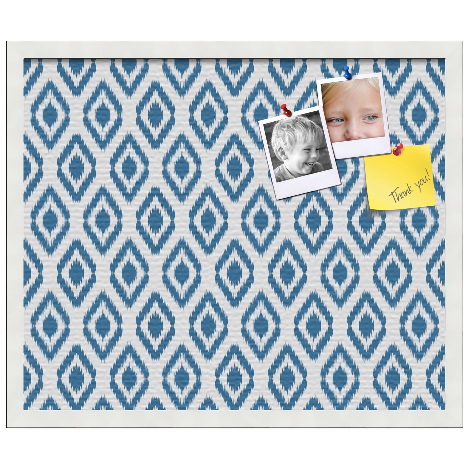 PinPix 24x20 Custom Cork Bulletin Board Ikat Navy Poster Board Has a Fabric Style Canvas Finish, Framed in White, by ArtToFrames (PinPix-1634)