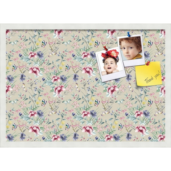 PinPix 27x19 Custom Cork Bulletin Board Vintage Japanese Floral Beige Poster Board Has a Fabric Style Canvas Finish, Framed in Vintage Japanese Floral Beige, by ArtToFrames (PinPix-1544)