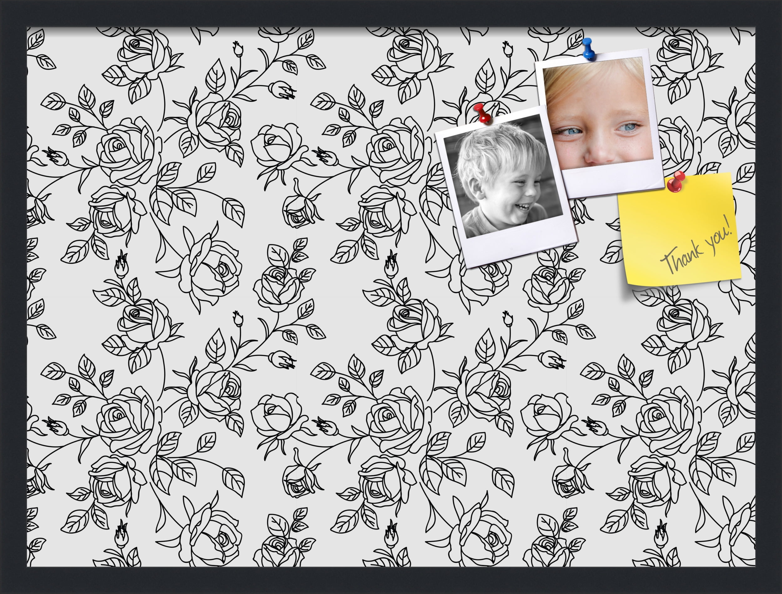 PinPix 27x20 Custom Cork Bulletin Board Black Floral Rose Poster Board Has a Fabric Style Canvas Finish, Framed in Black Floral Rose, by ArtToFrames (PinPix-164)