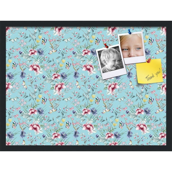 PinPix 27x20 Custom Cork Bulletin Board Vintage Japanese Floral Aqua Poster Board Has a Fabric Style Canvas Finish, Framed in Vintage Japanese Floral Aqua, by ArtToFrames (PinPix-1546)