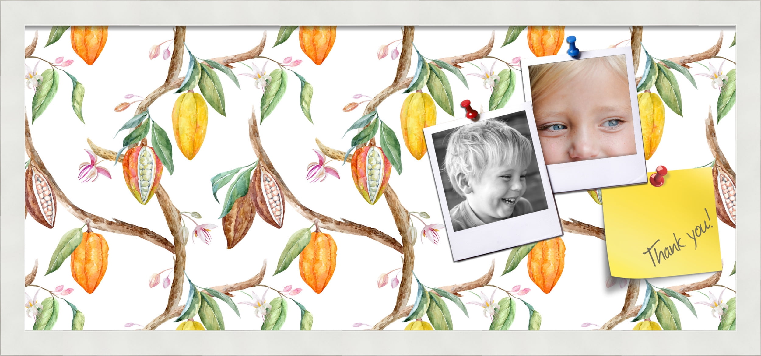 PinPix 28x12 Custom Cork Bulletin Board Fruit on Vine White Poster Board Has a Fabric Style Canvas Finish, Framed in Fruit on Vine White, by ArtToFrames (PinPix-1895)