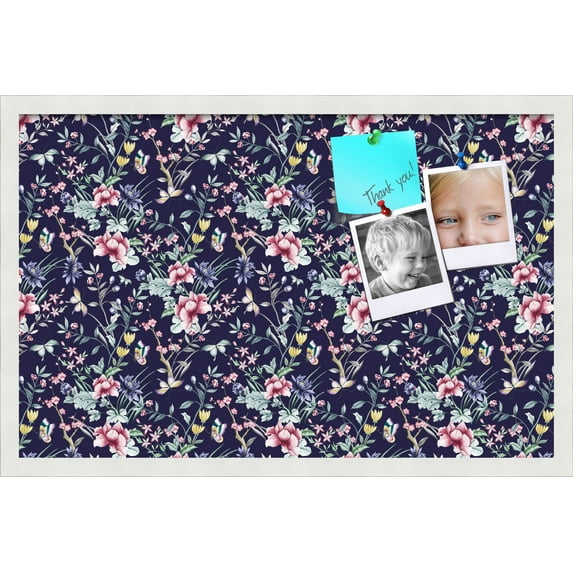 PinPix 28x18 Custom Cork Bulletin Board Vintage Japanese Floral Navy Poster Board Has a Fabric Style Canvas Finish, Framed in Vintage Japanese Floral Navy, by ArtToFrames (PinPix-1542)