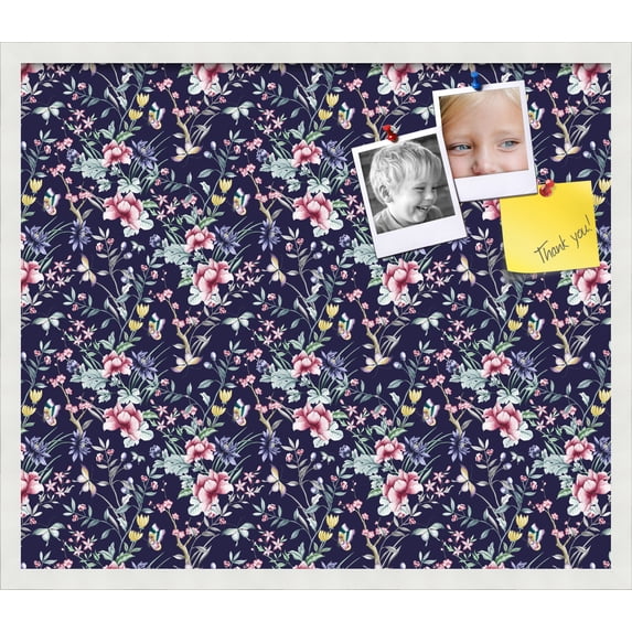 PinPix 28x24 Custom Cork Bulletin Board Vintage Japanese Floral Navy Poster Board Has a Fabric Style Canvas Finish, Framed in Vintage Japanese Floral Navy, by ArtToFrames (PinPix-1542)