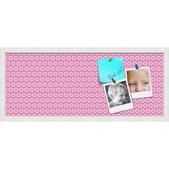 PinPix 30x12 Custom Cork Bulletin Board Pink - White Dots Poster Board Has a Fabric Style Canvas Finish, Framed in Pink - White Dots, by ArtToFrames (PinPix-362)
