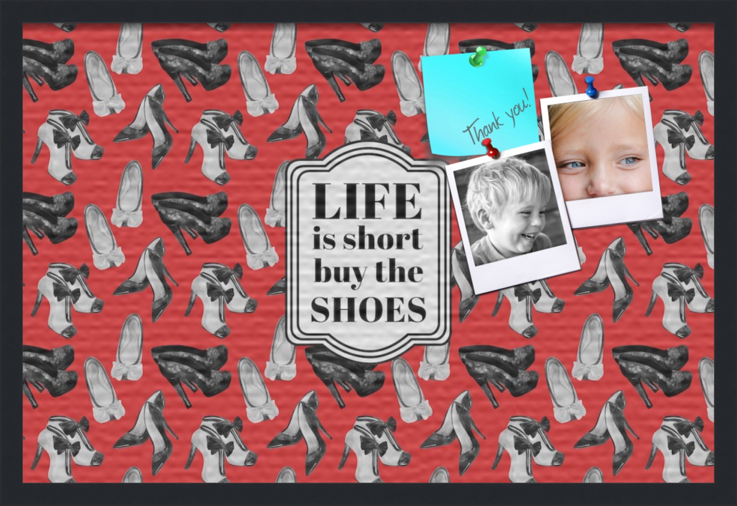 PinPix 30x20 Custom Cork Bulletin Board Buy The Shoes Poster Board Has a Fabric Style Canvas Finish, Framed in Buy The Shoes, by ArtToFrames (PinPix-1492)