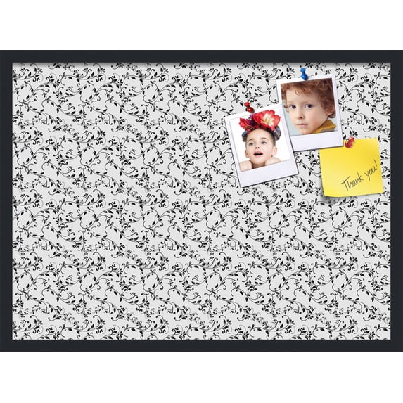 PinPix 30x22 Custom Cork Bulletin Board Black Flower - Leaf Poster Board Has a Fabric Style Canvas Finish, Framed in Black Flower - Leaf, by ArtToFrames (PinPix-178)