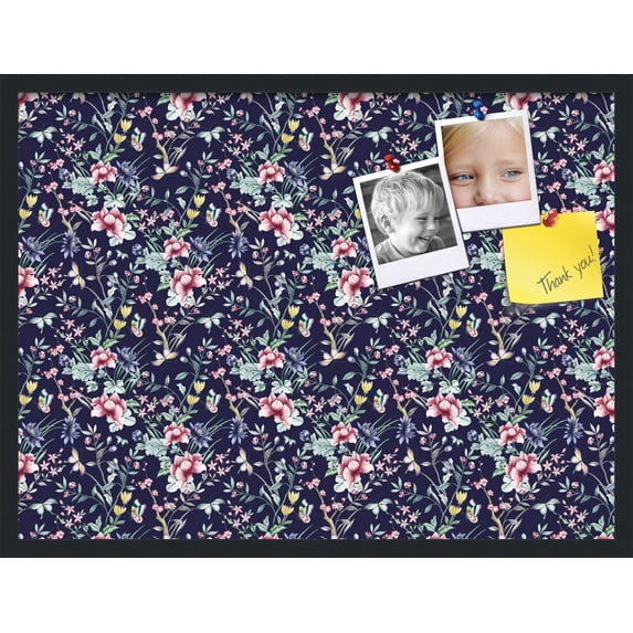 PinPix 32x24 Custom Cork Bulletin Board Vintage Japanese Floral Navy Poster Board Has a Fabric Style Canvas Finish, Framed in Vintage Japanese Floral Navy, by ArtToFrames (PinPix-1542)