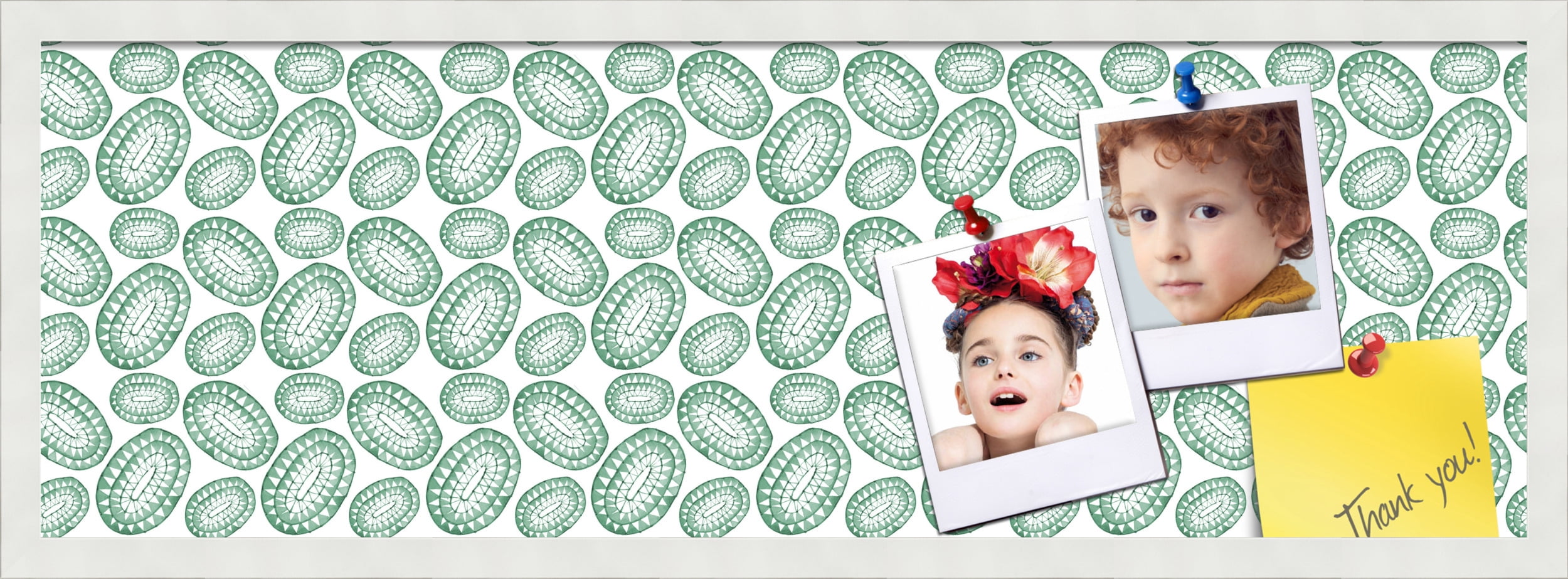 PinPix 36x12 Custom Cork Bulletin Board Bohemian Circles Green Poster Board Has a Fabric Style Canvas Finish, Framed in Bohemian Circles Green, by ArtToFrames (PinPix-1586)