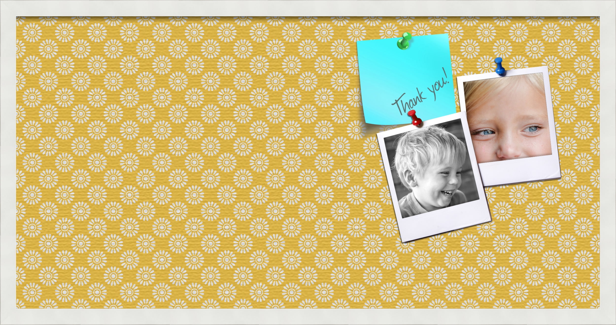 PinPix 36x18 Custom Cork Bulletin Board Yellow Flowers Poster Board Has a Fabric Style Canvas Finish, Framed in Yellow Flowers, by ArtToFrames (PinPix-268)