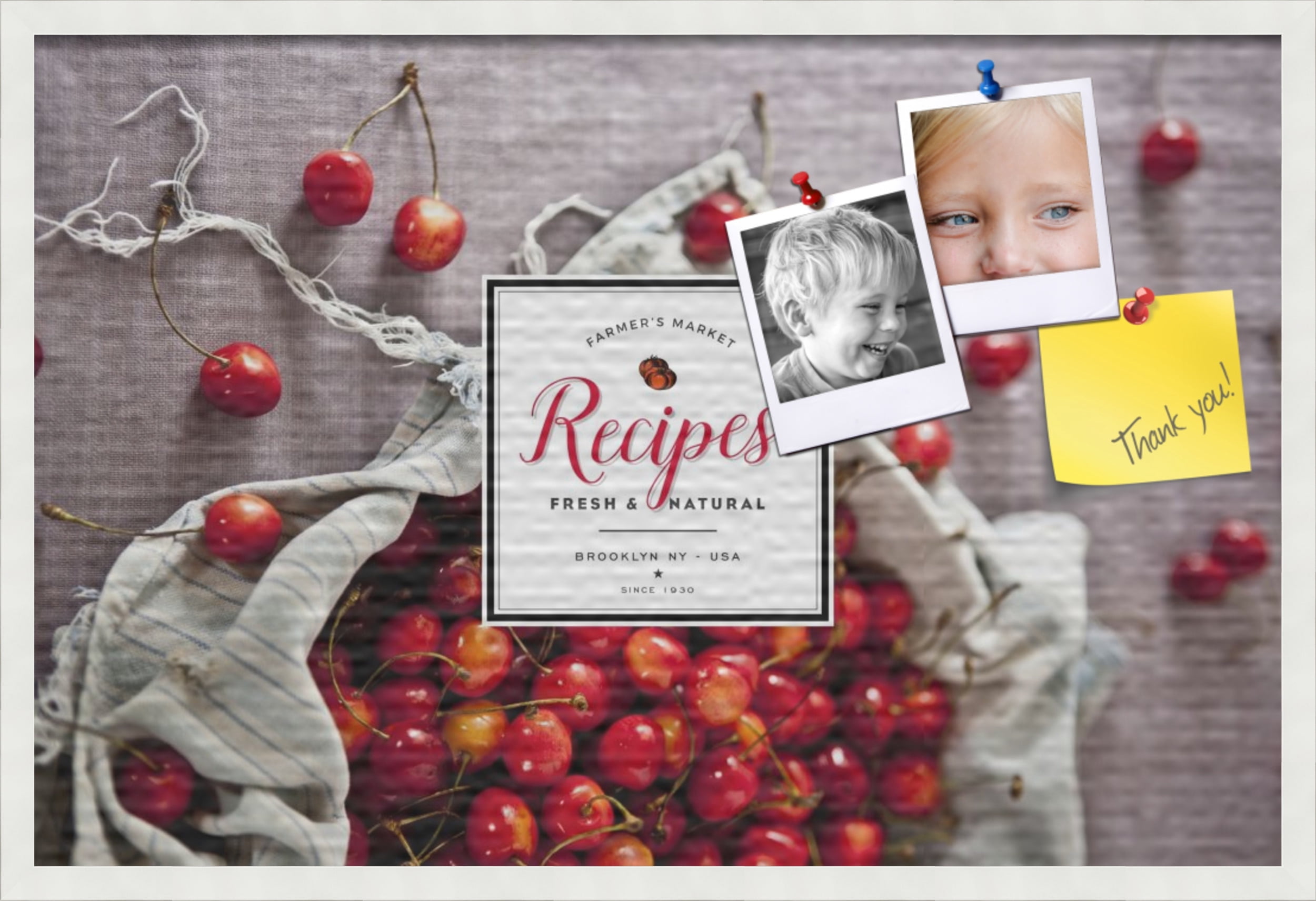 PinPix 36x24 Custom Cork Bulletin Board Bag of Cherries Poster Board Has a Fabric Style Canvas Finish, Framed in Bag of Cherries, by ArtToFrames (PinPix-1366)