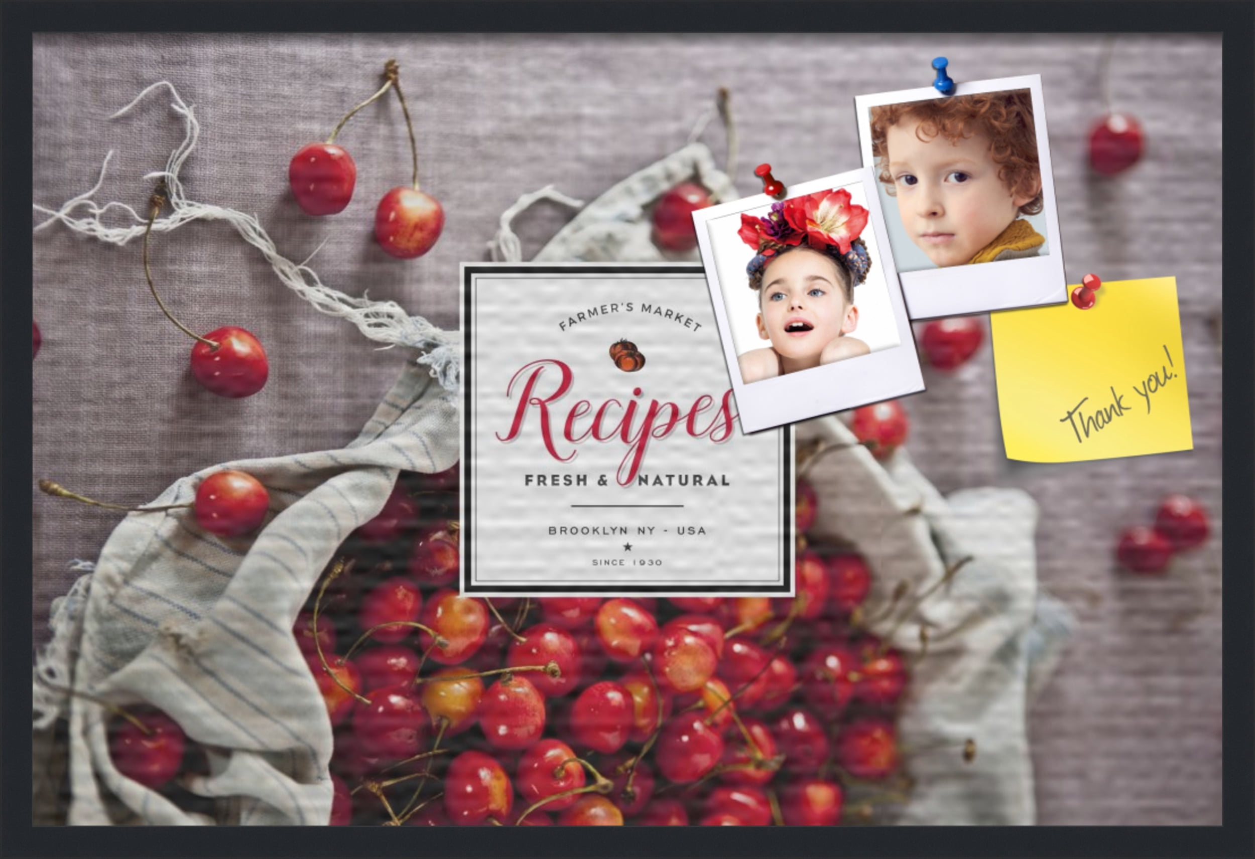 PinPix 36x24 Custom Cork Bulletin Board Bag of Cherries Poster Board Has a Fabric Style Canvas Finish, Framed in Bag of Cherries, by ArtToFrames (PinPix-1366)