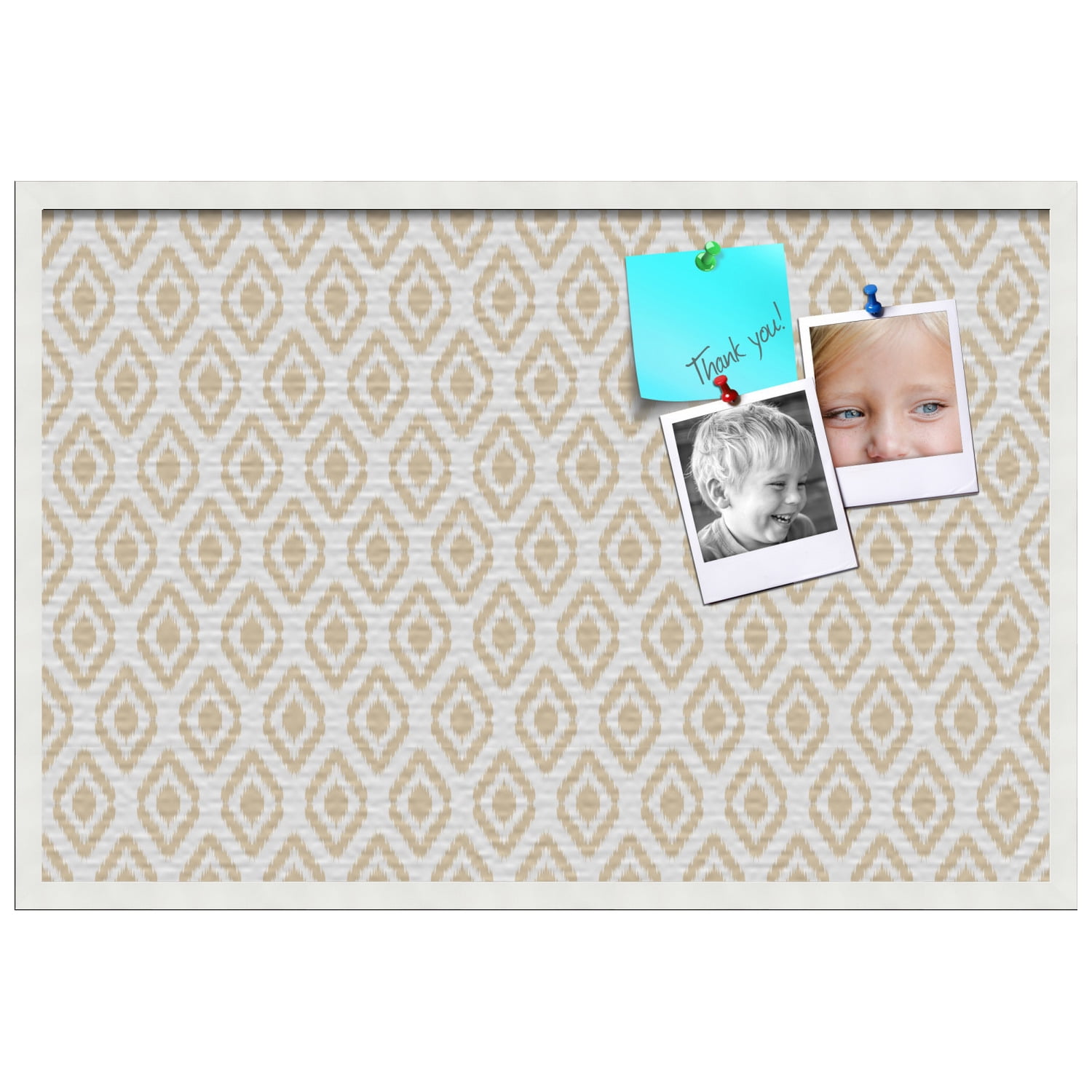PinPix 36x24 Custom Cork Bulletin Board Ikat Beige Poster Board Has a Fabric Style Canvas Finish, Framed in White, by ArtToFrames (PinPix-1631)
