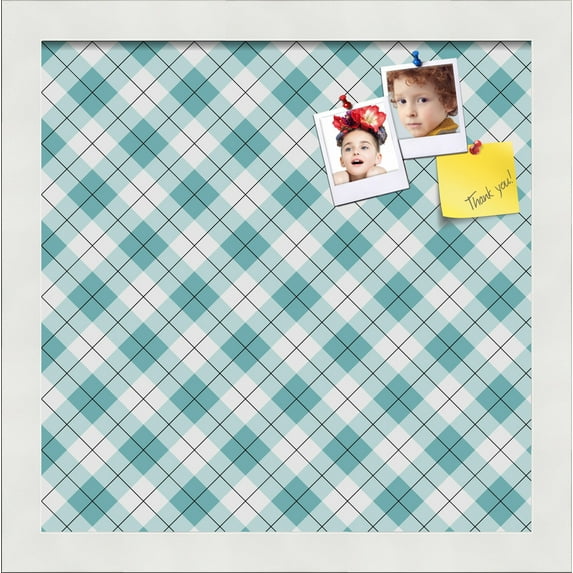 PinPix ArtToFrames 10x10 Custom Cork Bulletin Board Argyle Turquoise Poster Board Has a Fabric Style Canvas Finish, Framed in Satin White Frame (PinPix-648)