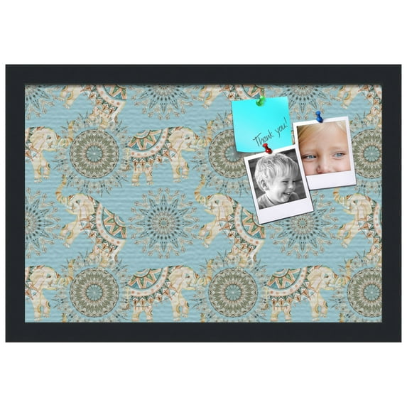 PinPix ArtToFrames 10x16 Custom Cork Bulletin Board Bohemian Elephants Lt Blue Poster Board Has a Fabric Style Canvas Finish, Framed in Satin Black (PinPix-1578)