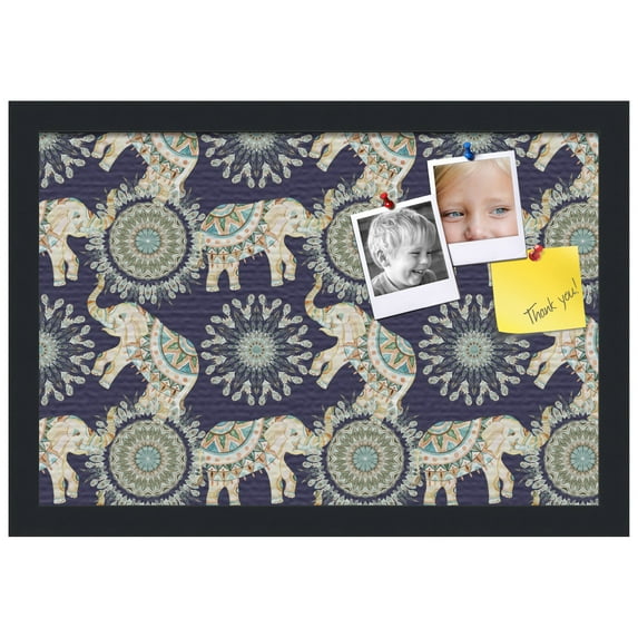 PinPix ArtToFrames 10x16 Custom Cork Bulletin Board Bohemian Elephants Navy Poster Board Has a Fabric Style Canvas Finish, Framed in Satin Black (PinPix-1579)