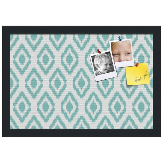 PinPix ArtToFrames 10x16 Custom Cork Bulletin Board Ikat Aqua Poster Board Has a Fabric Style Canvas Finish, Framed in Satin Black (PinPix-1630)