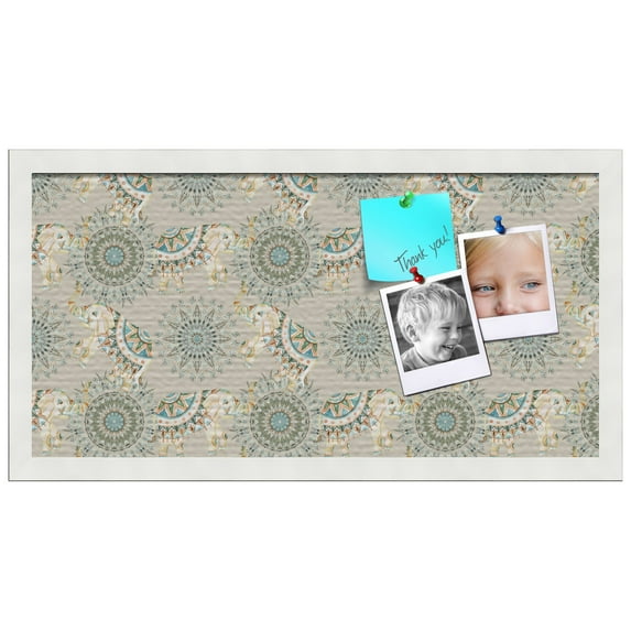 PinPix ArtToFrames 10x22 Custom Cork Bulletin Board Bohemian Elephants Beige Poster Board Has a Fabric Style Canvas Finish, Framed in Satin White Frame (PinPix-1577)