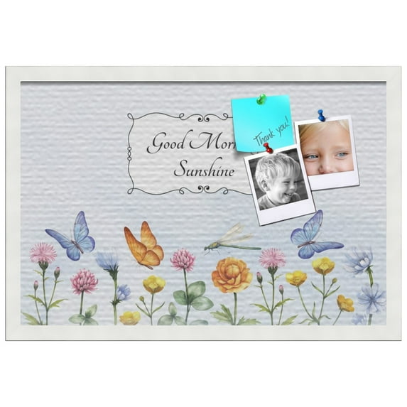 PinPix ArtToFrames 10x22 Custom Cork Bulletin Board Good Morning Sunshine Poster Board Has a Fabric Style Canvas Finish, Framed in Satin White Frame (PinPix-1494)